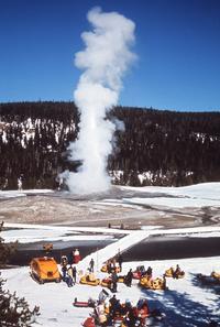 Winter visitors at Old Faithful, Yellowstone National Park.