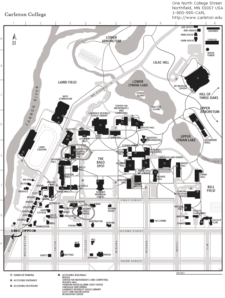 Map of Carleton College Campus highlighting SERC Office Alumni Guest House and Sayles-Hill Campus Center