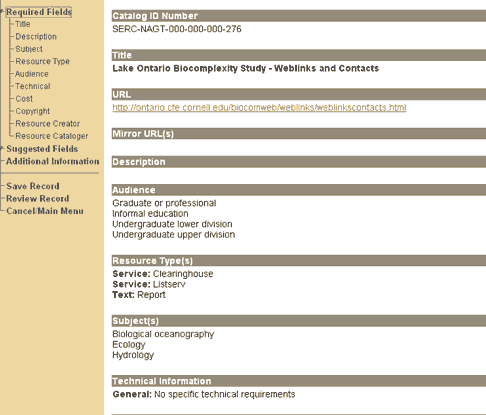 Screen shot of a DCS catalog record