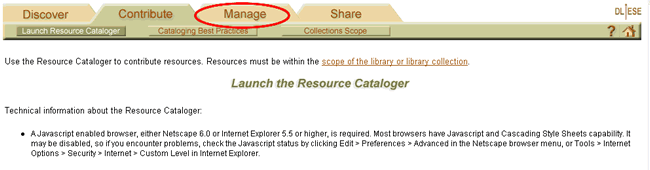 Screen shot showing the manage tab