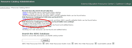 Screen shot showing how to open a new Dublin core record