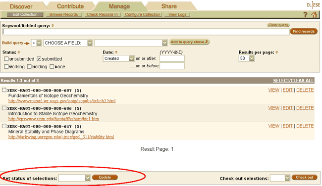 screen shot showing how to set the status of DCS records