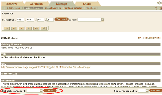 Screen shot of how to change the status of DCS records