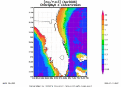 Average chlorophyll concentration for the month of April, 2006 in the coastal regions of Florida.