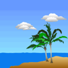 Illustration of palm trees on beach.