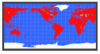 Rectangular world map with solid red continents and grid.