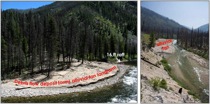 A fire-related debris flow was deposited in the summer of 2008 and formed an alluvial fan in the Middle Fork Salmon River, Idaho.