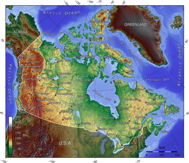 Topographic map of Canada