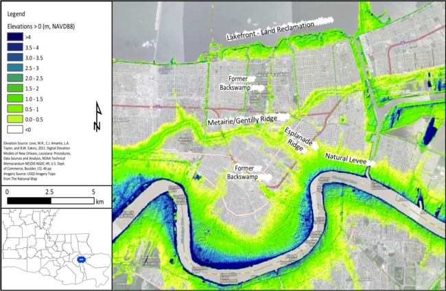 Map Of New Orleans Elevations Above 0 M, NAVD88.